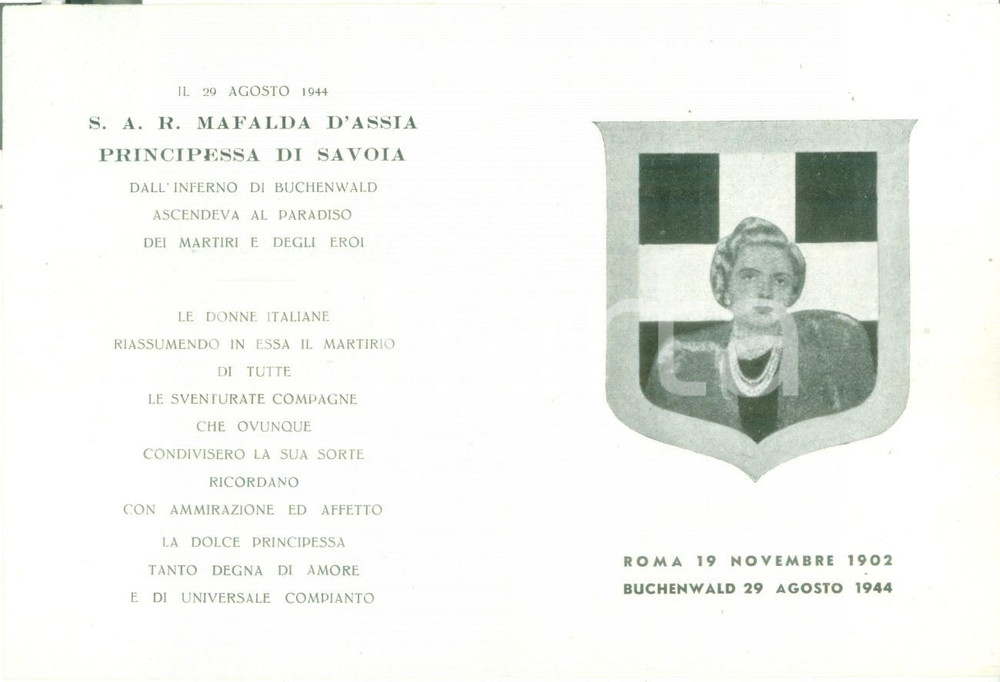 Oggetto da collezione cartaceo 1950 ca Mafalda di SAVOIA morta a BUCHENWALD Santino commemorativo 1