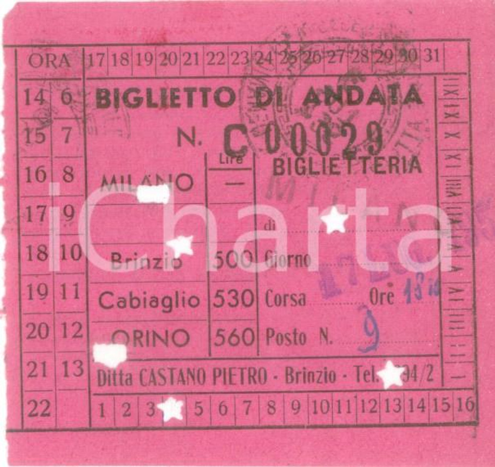 Oggetto da collezione cartaceo 1950 ca BRINZIO VA Autovia VALCUVIA Impresa Automobilistica CASTANO Biglietto 1