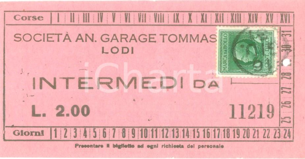 Oggetto da collezione cartaceo 1935 ca LODI SocietÃ  Anonima Garage TOMMASI Biglietto per una corsa 1