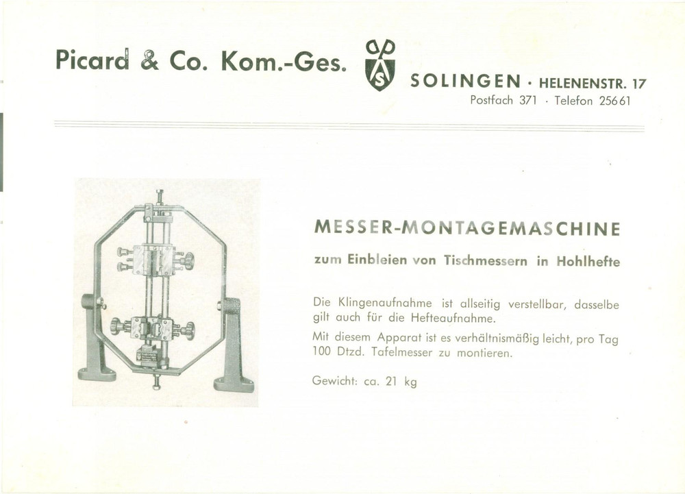 Materiale pubblicitario d’epoca 1960 ca SOLINGEN DE MesserMontagemaschine PICARD & CO. Volantino ILLUSTRATO 1