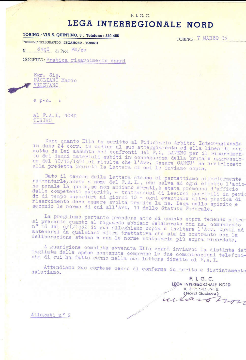 Manoscritto, lettera originale 1952 FIGC CALCIO Lega Interregionale Nord VIGEVANO pro arbitro aggredito 1