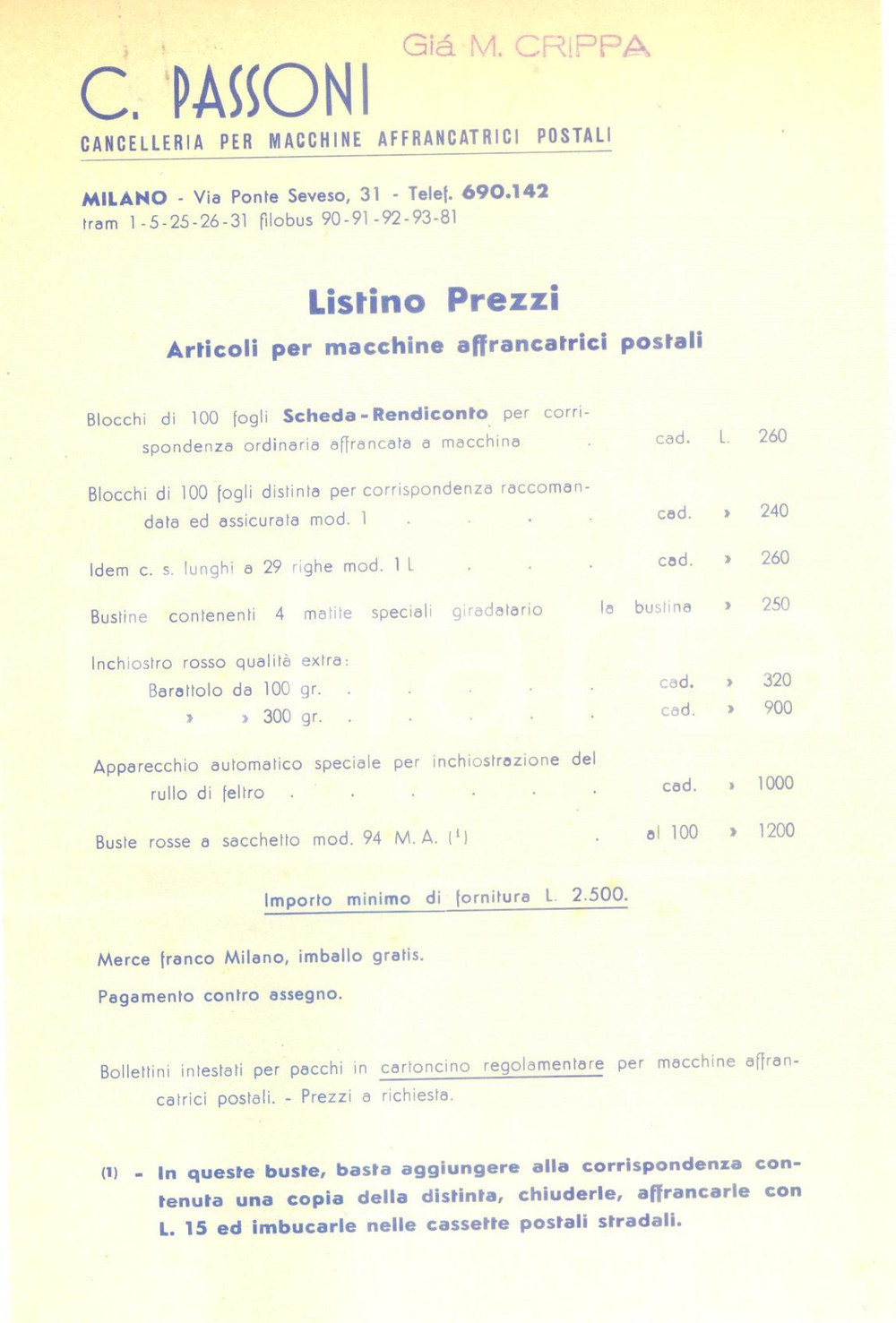 Materiale pubblicitario d’epoca 1961 MILANO Cancelleria per macchine affrancatrici PASSONI Listino prezzi 1
