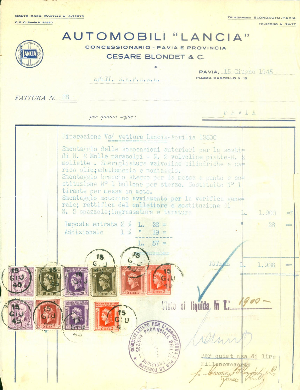 Documento originale, autentico 1945 PAVIA Concessionari automobili LANCIA Cesare BLONDET Fattura DANNEGGIATA 1