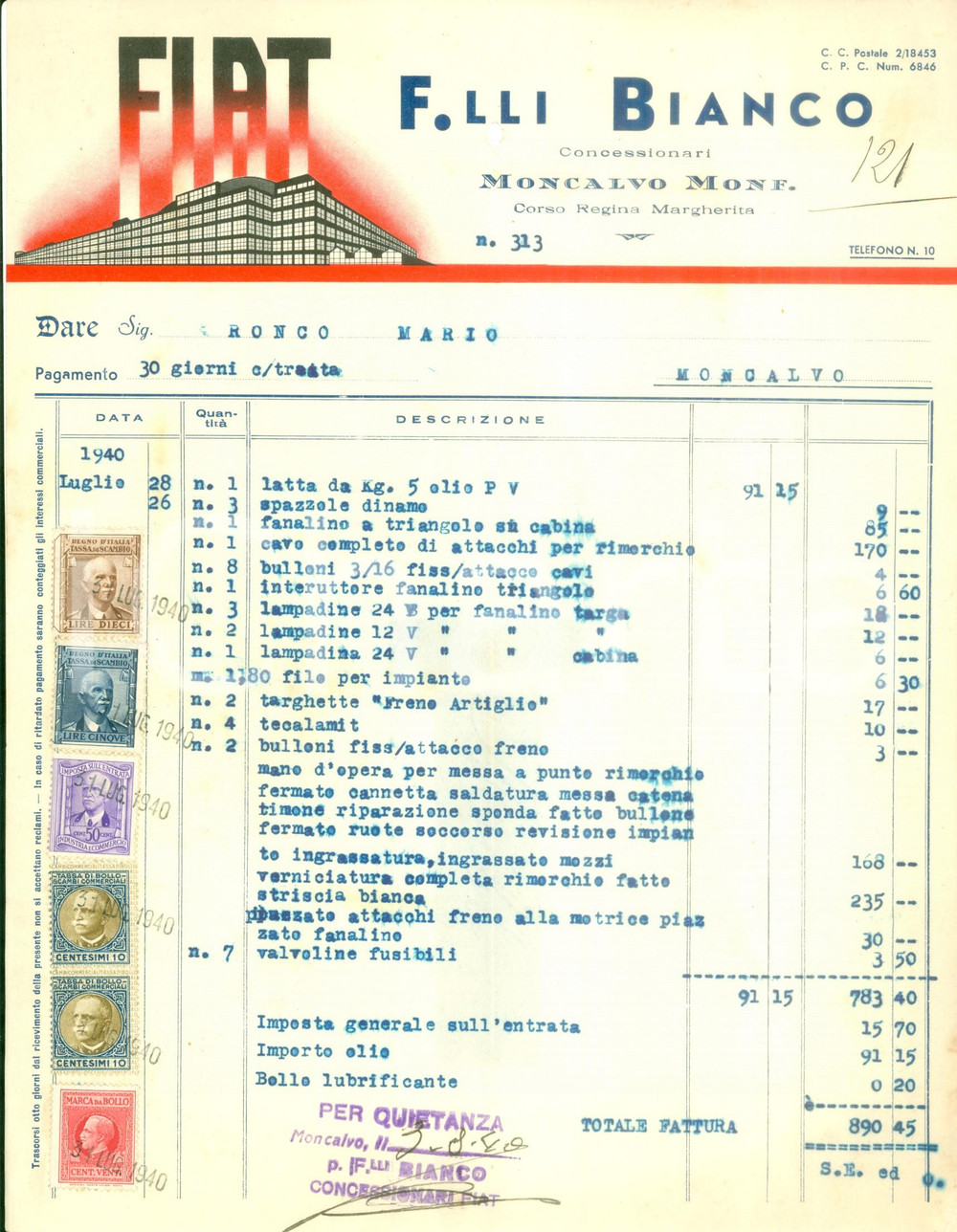 Documento originale, autentico 1940 MONCALVO AT Fratelli BIANCO Concessionari FIAT Fattura ILLUSTRATA 1