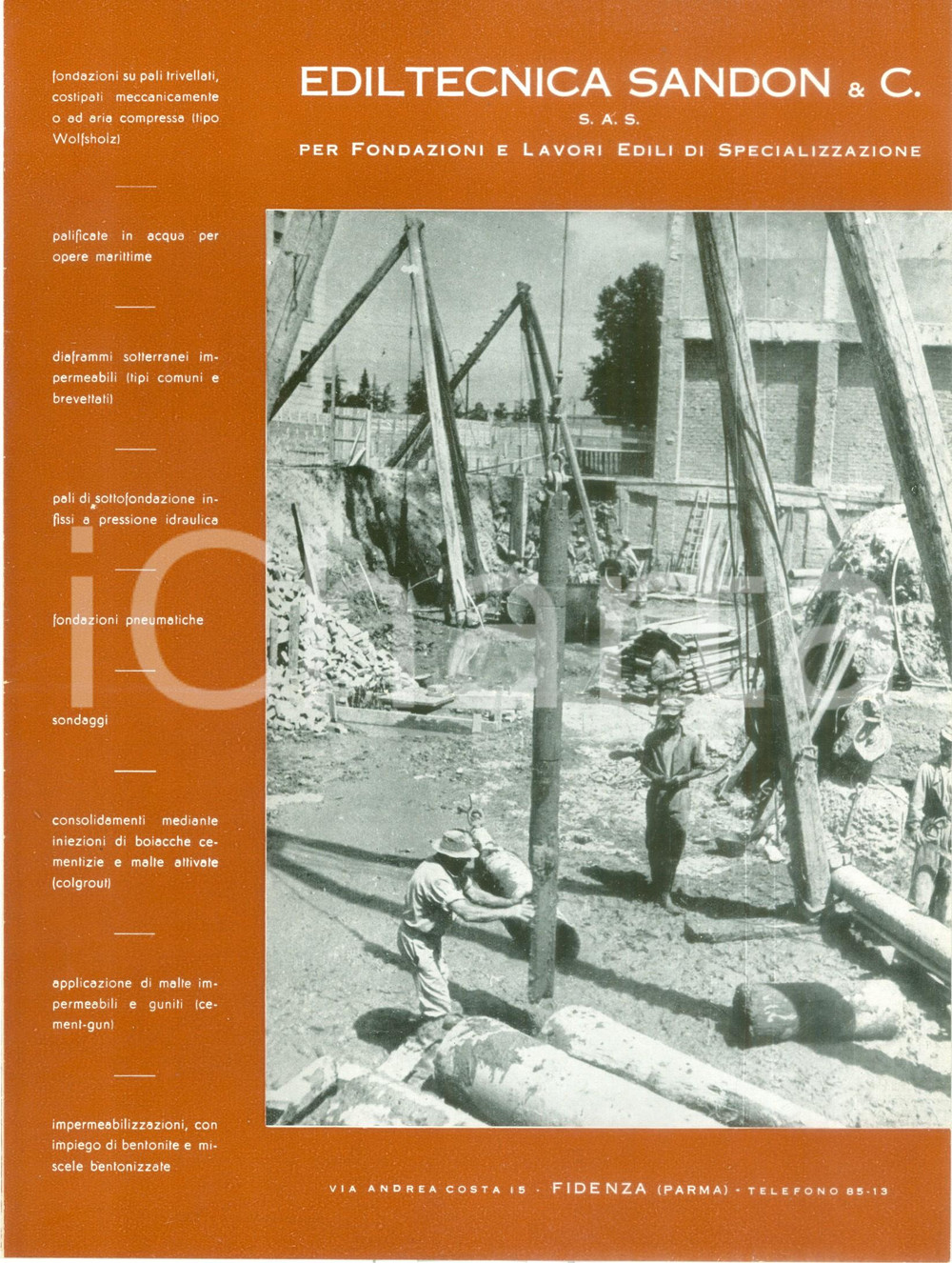 Materiale pubblicitario d’epoca 1950 ca FIDENZA PR Ediltecnica SANDON per fondazioni e lavori edili ILLUSTRATO 1