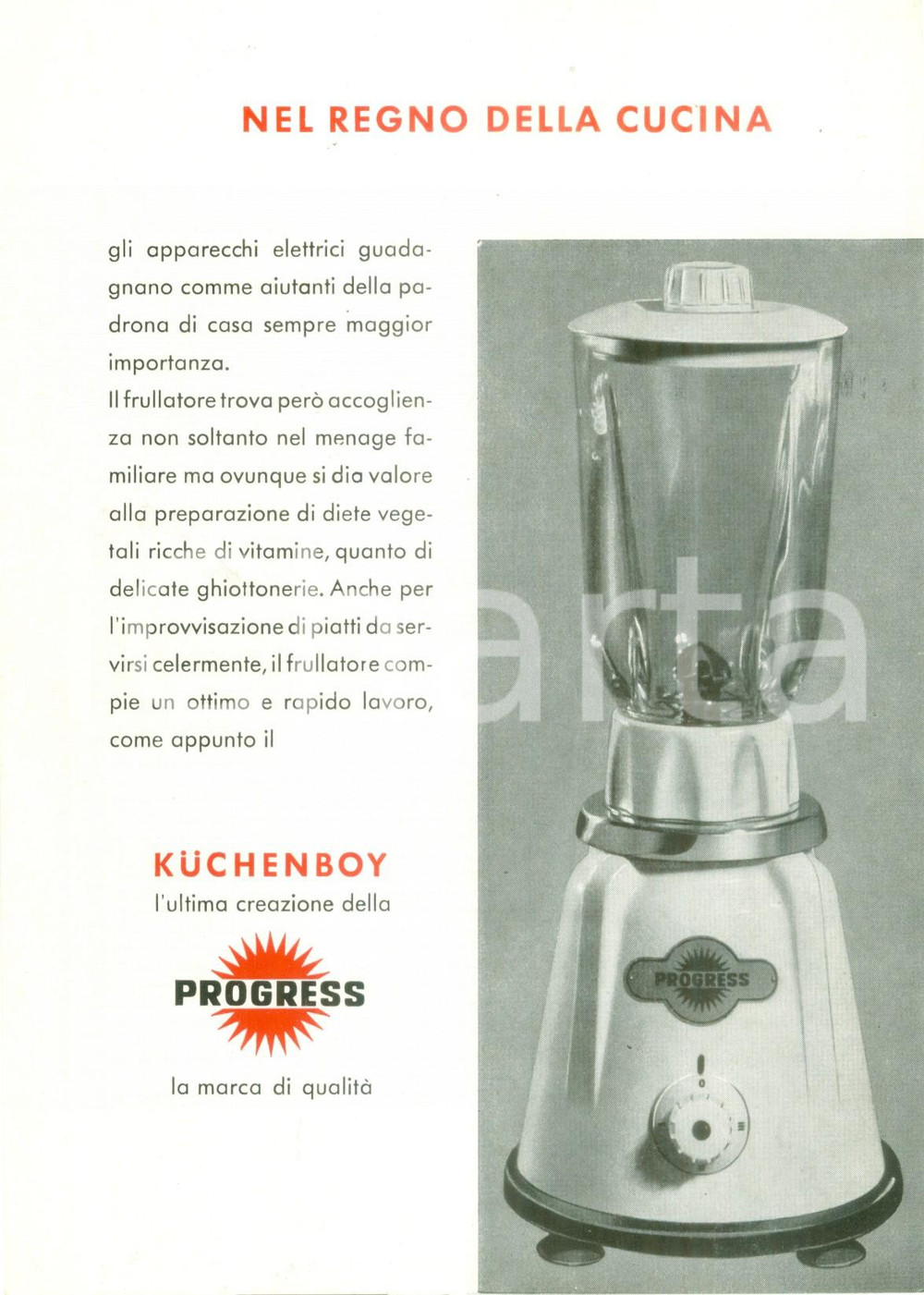 Materiale pubblicitario d’epoca 1960 ca STUTTGART Volantino frullatore PROGRESS KUCHENBOY PubblicitÃ  ILLUSTRATA 1