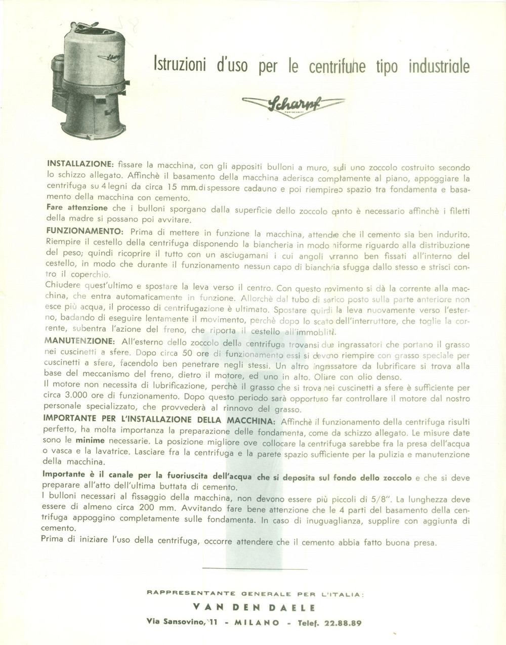 Materiale pubblicitario d’epoca 1955 ca MILANO Ditta SCHARPF Istruzioni per centrifughe di tipo industriale 1