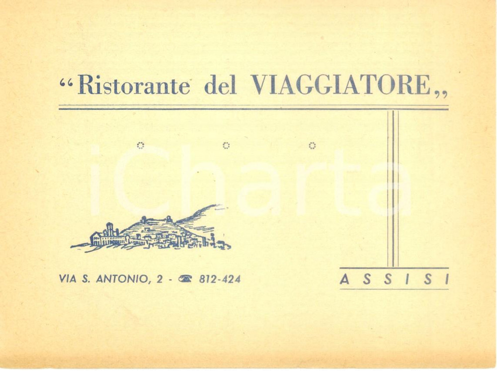 Materiale pubblicitario d’epoca 1950 ca ASSISI PG Ristorante del Viaggiatore locale rinnovato Biglietto 1