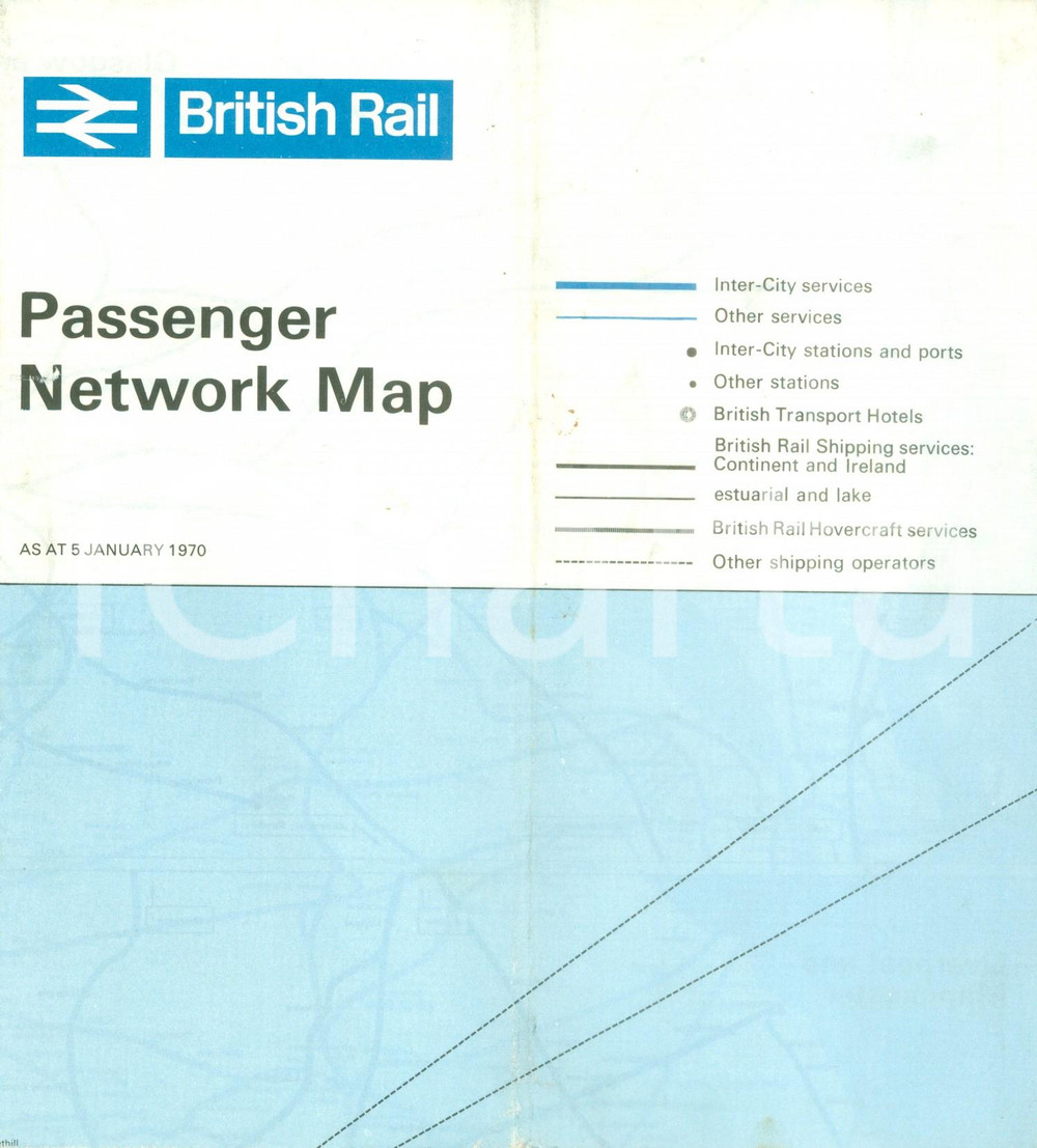 Mappa, planimetria storica 1970 BRITISH RAIL Passenger Network Mappa linee ferroviarie inglesi 1