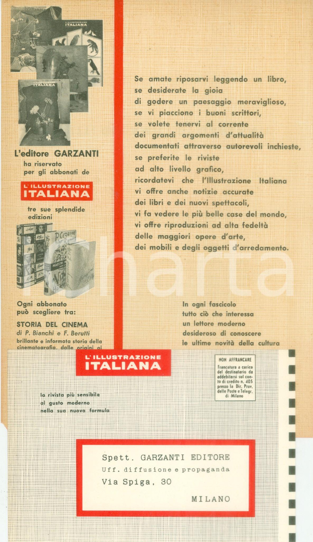 Materiale pubblicitario d’epoca 1960 ca MILANO Editore GARZANTI riserva L illustrazione Italiana per abbonati 1