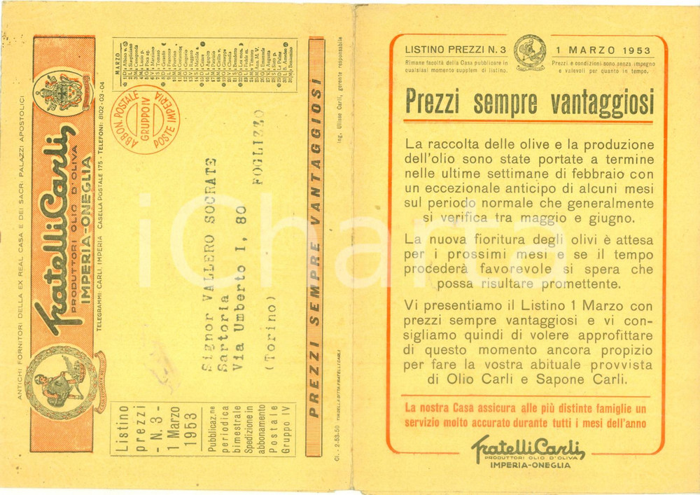 Materiale pubblicitario d’epoca 1953 IMPERIA ONEGLIA Fratelli CARLI olio d oliva Listino prezzi ILLUSTRATO 1