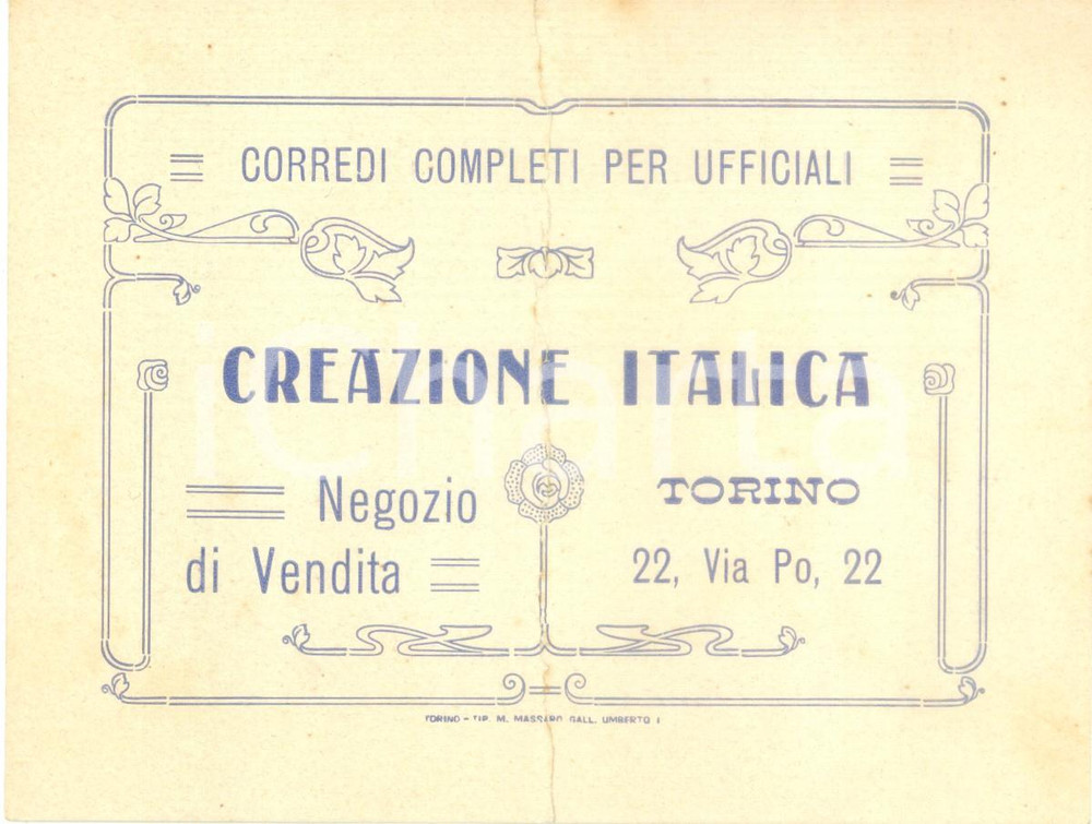 Materiale pubblicitario d’epoca 1935 ca TORINO Corredi completo per ufficiali Creazione Italica DANNEGGIATO 1