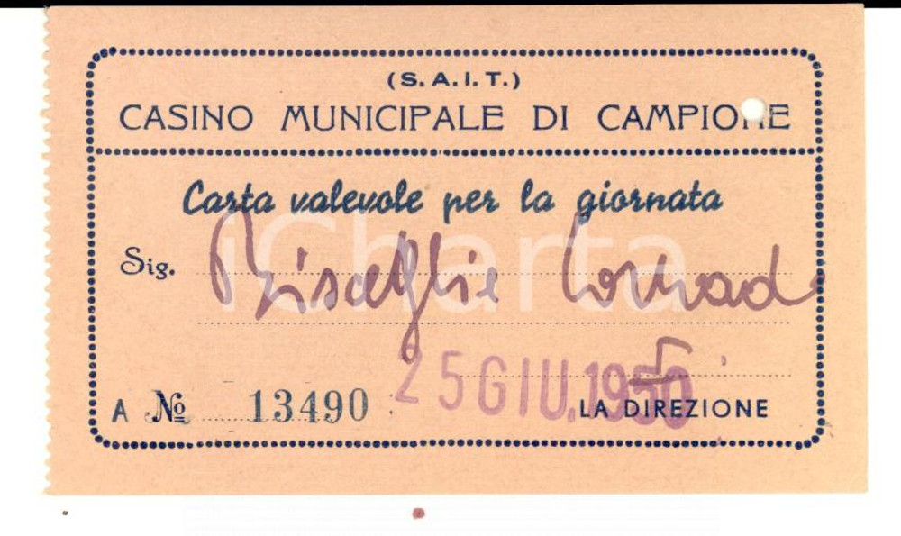 1950 CAMPIONE D'ITALIA (CO) Casinò municipale *Biglietto per la giornata
