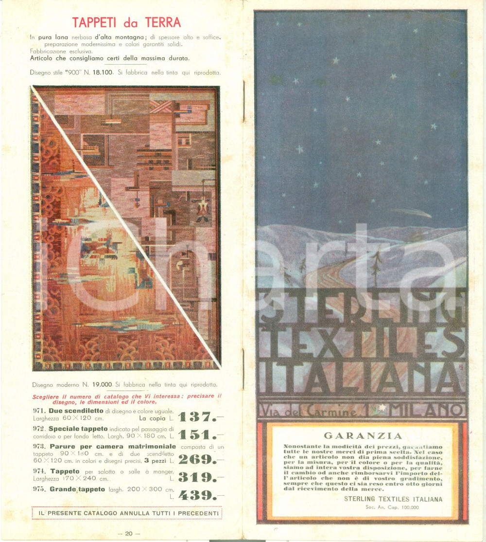Materiale pubblicitario d’epoca 1935 ca MILANO Catalogo generale STERLING TEXTILES ITALIANA Illustrato 1