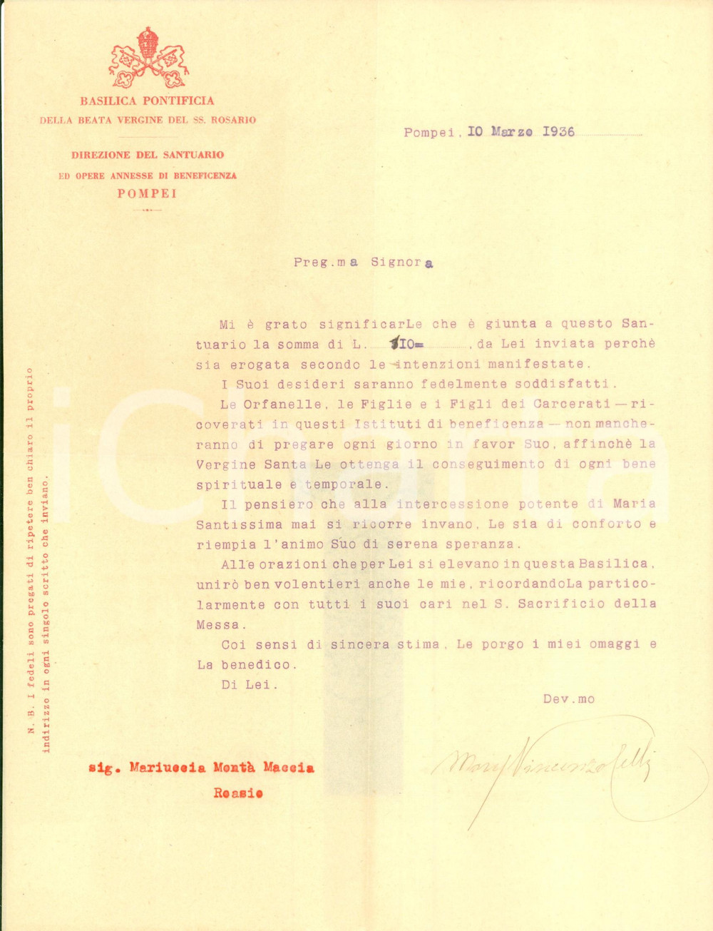 Autografo originale 1936 POMPEI NA Vescovo Vincenzo CELLI ringrazia per donazione AUTOGRAFO 1