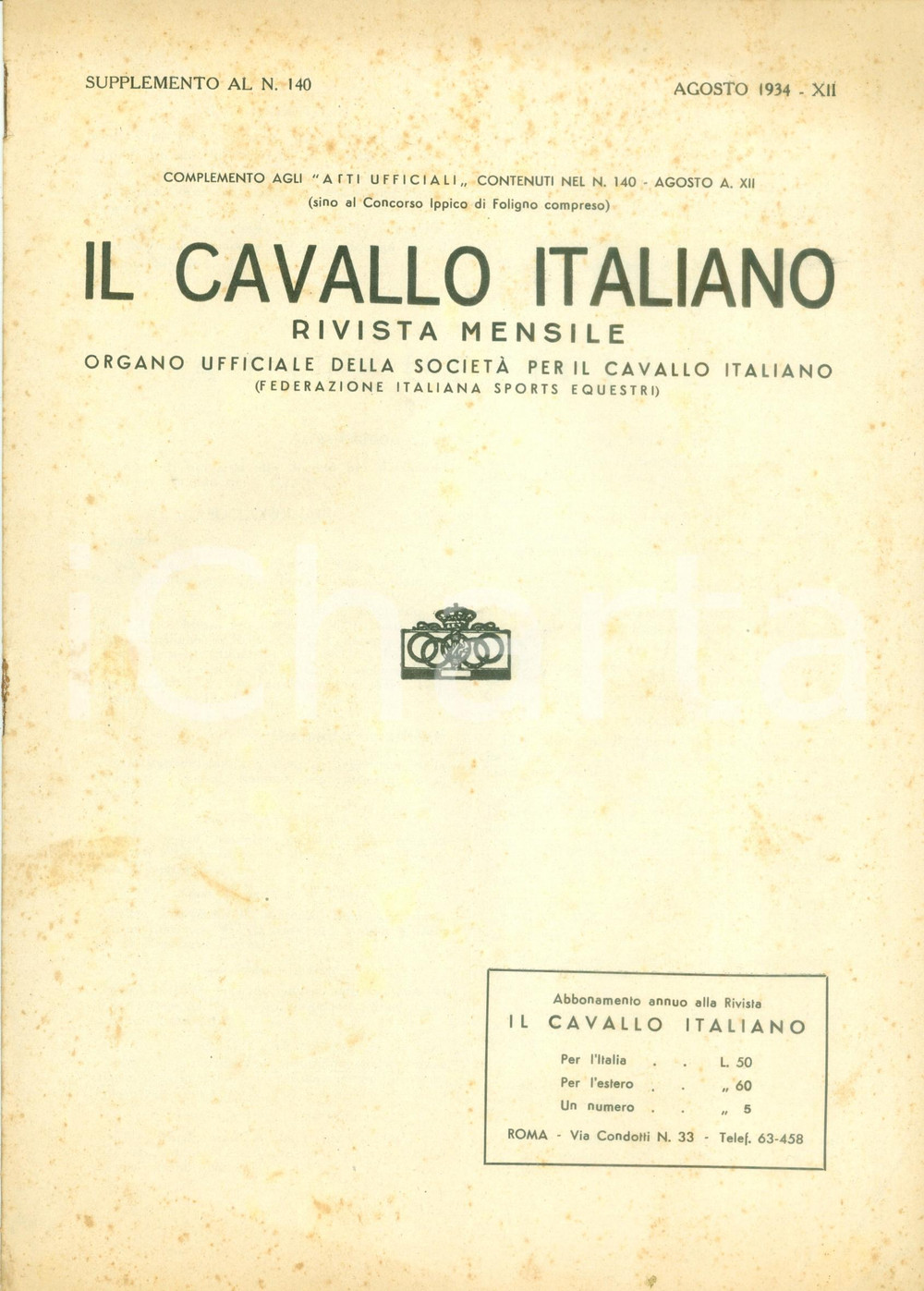 Giornale, rivista storica 1934 IL CAVALLO ITALIANO Rivista FISE Programmi ufficiali manifestazioni ippiche 1