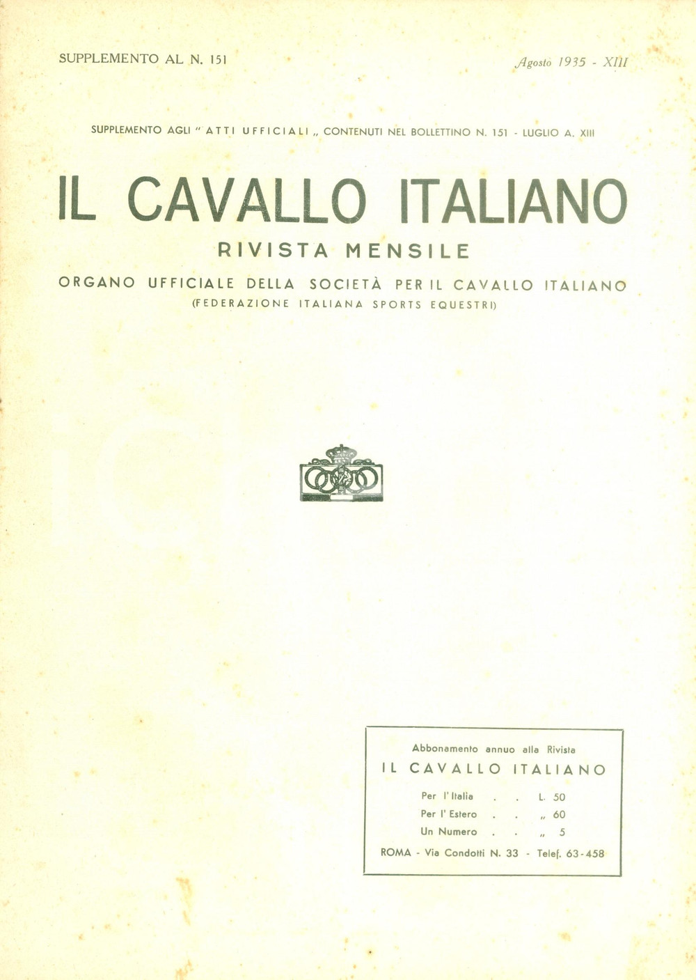Giornale, rivista storica 1935 IL CAVALLO ITALIANO Rivista FISE Programmi ufficiali manifestazioni ippiche 1