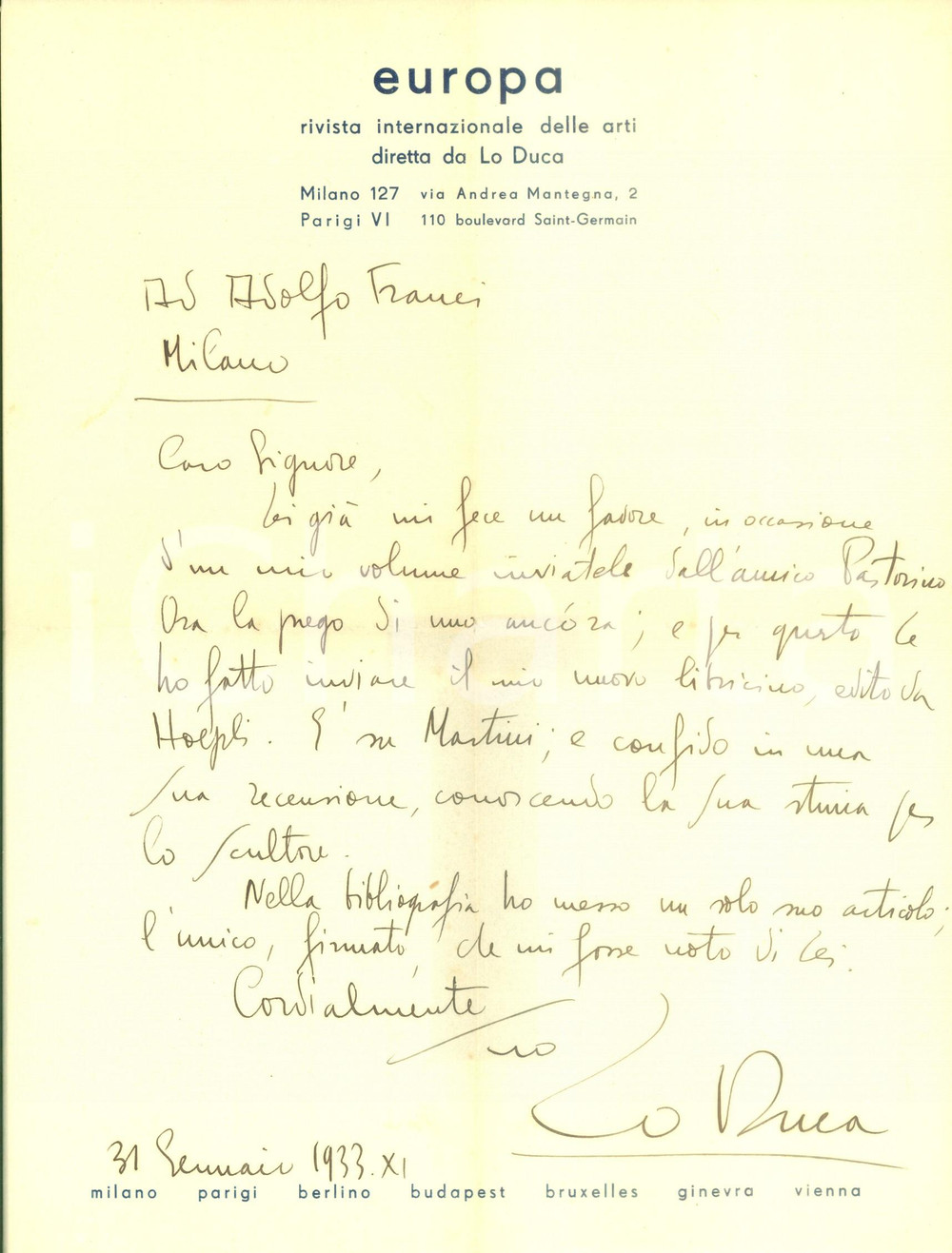 Autografo originale 1933 MILANO JosephMarie LO DUCA invia volume su Arturo MARTINI AUTOGRAFO 1