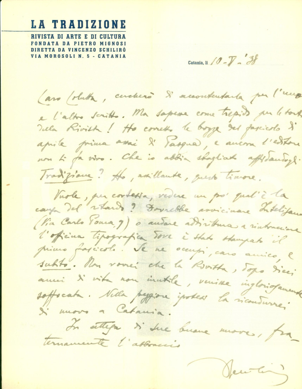 Autografo originale 1938 CATANIA Vincenzo SCHILIRO  trepida per rivista LA TRADIZIONE AUTOGRAFO 1