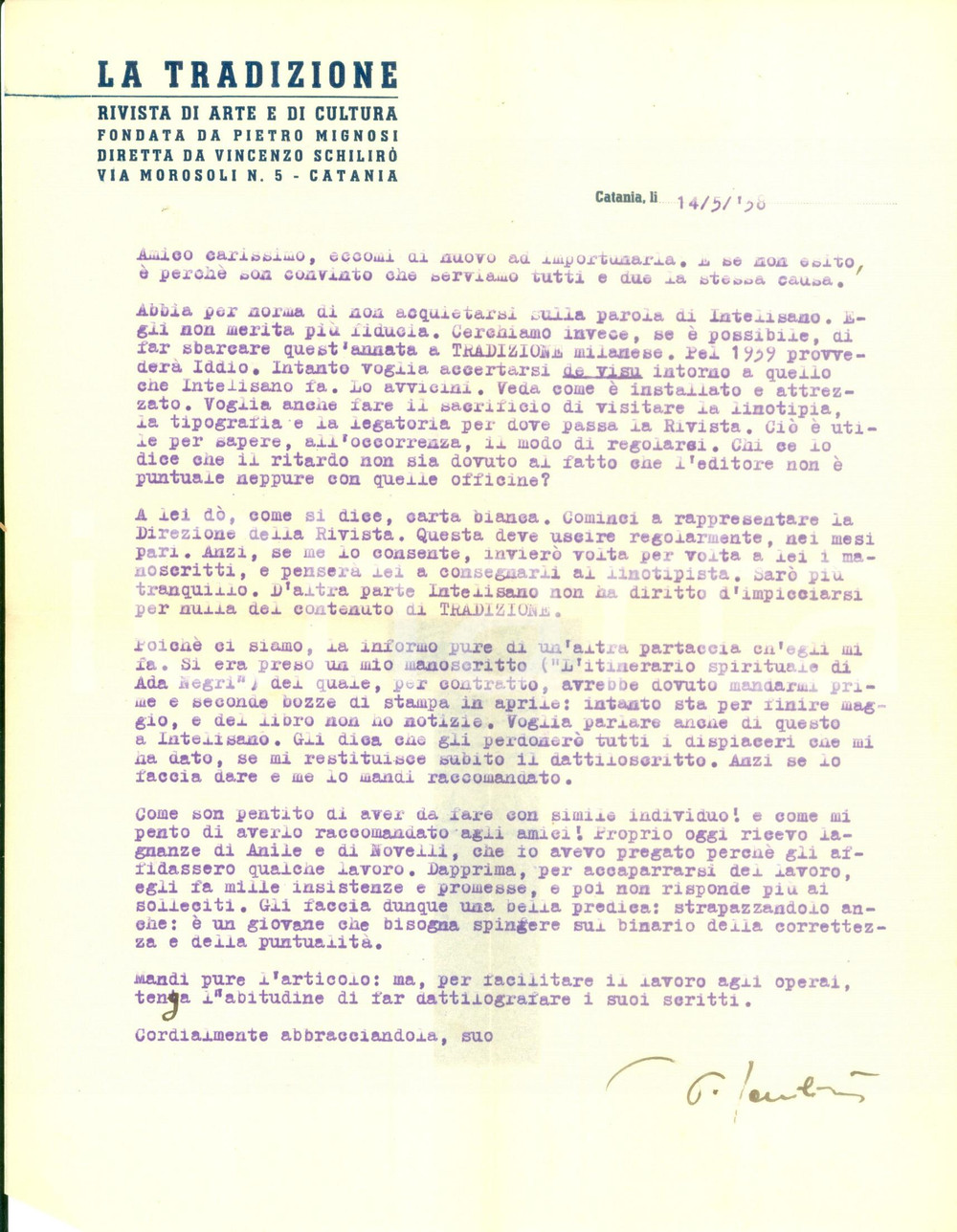 Autografo originale 1938 CATANIA Giuseppe INTELISANO Ã¨ inaffidabile AUTOGRAFO Vincenzo SCHILIRO 1