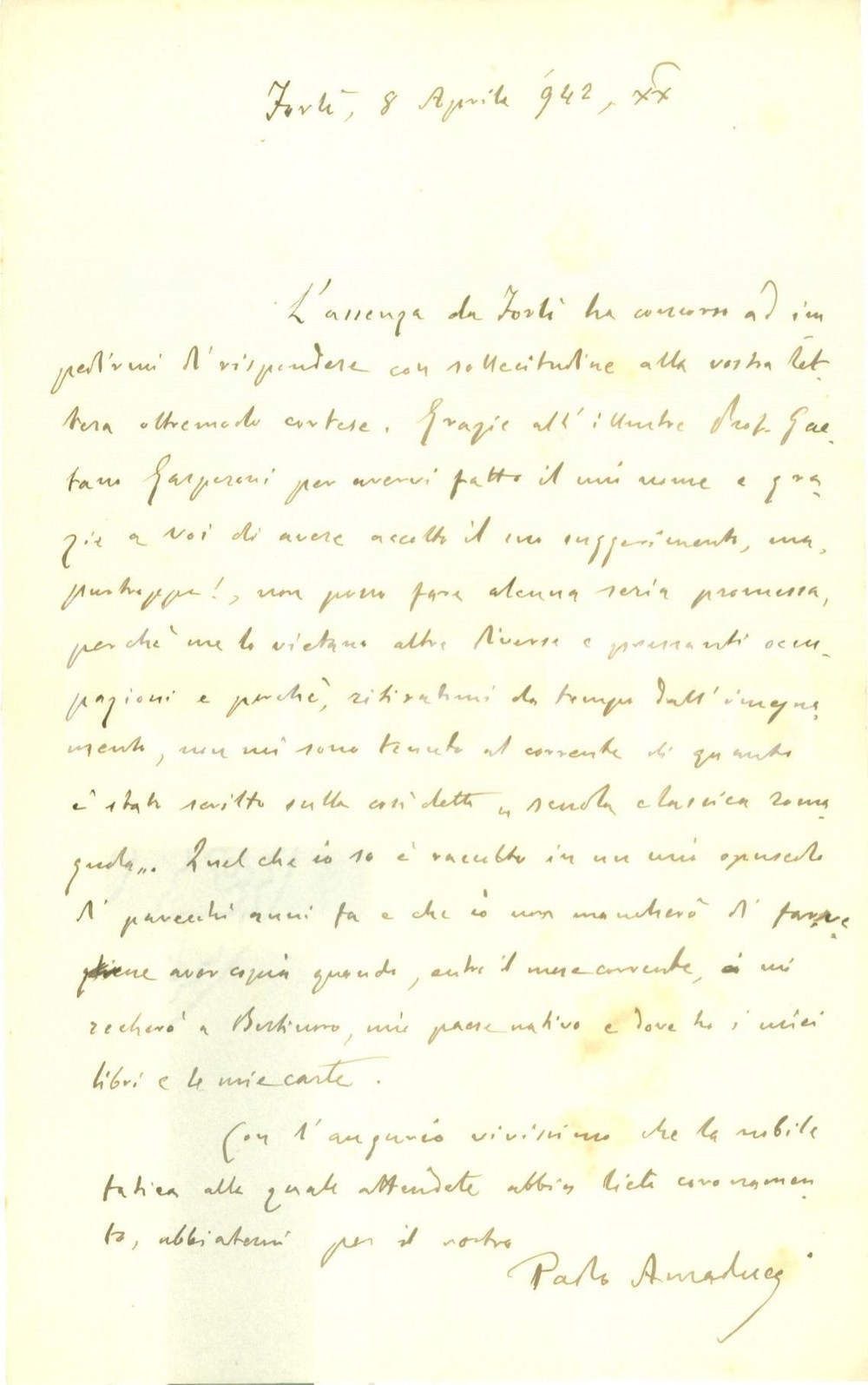 Autografo originale 1942 FORLI  Letterato Paolo AMADUCCI non aggiornato su scuola classica AUTOGRAFO 1