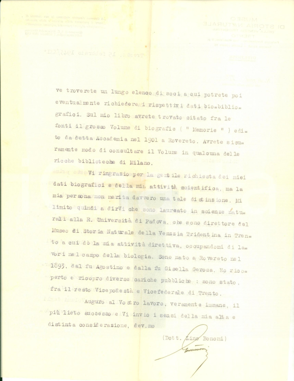Autografo originale 1943 TRENTO Lino BONOMI Direttore Museo Storia Naturale invia notizie AUTOGRAFO 1