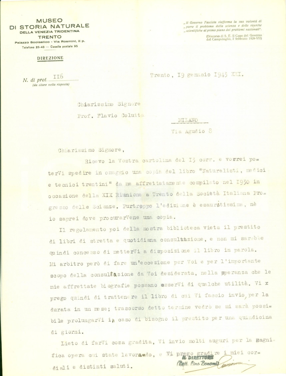 Autografo originale 1943 TRENTO Lino BONOMI presta un libro contro regole biblioteca AUTOGRAFO 1