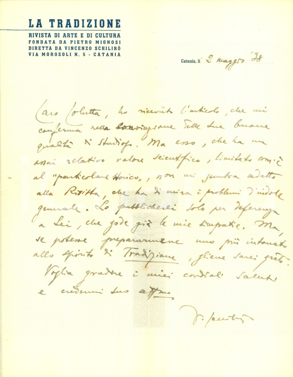 Autografo originale 1938 CATANIA Vincenzo SCHILIRO  riceve un articolo non adatto a LA TRADIZIONE 1