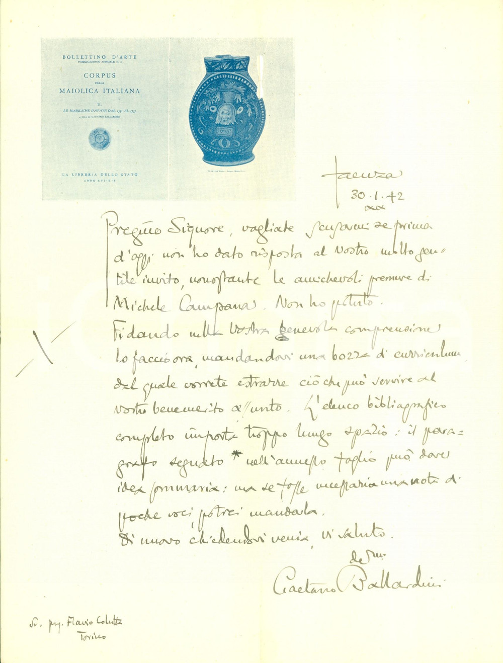 Autografo originale 1942 FAENZA Storico dell arte Gaetano BALLARDINI trasmette notizie AUTOGRAFO 1