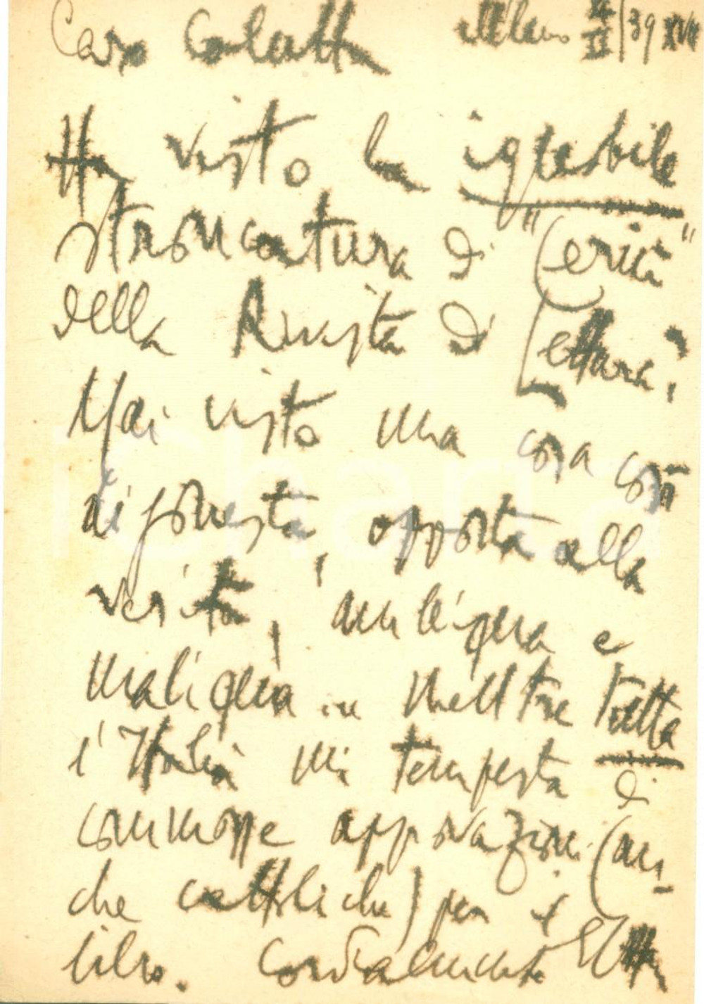 Autografo originale 1939 MILANO Ettore COZZANI condanna stroncatura di CeriÃ¹ AUTOGRAFO 1
