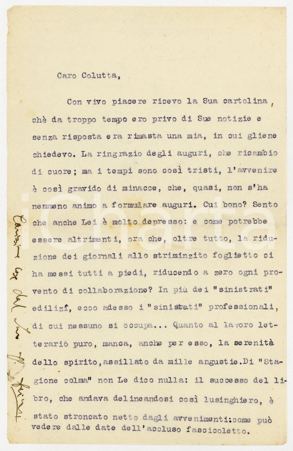 Autografo originale 1940 ca ROVERCHIARA Lionello FIUMI Avvenire oscuro siamo tutti a piedi AUTOGRAFO 1