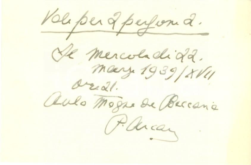 Autografo originale 1939 MILANO Letterato Paolo ARCARI Biglietto d invito AUTOGRAFO 1