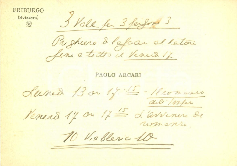 Autografo originale 1939 FRIBURGO SVIZZERA Paolo ARCARI Biglietto da visita con AUTOGRAFO 1