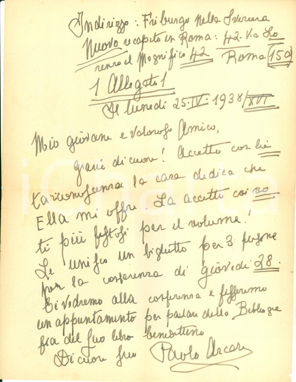 Autografo originale 1938 FRIBURGO SVIZZERA Paolo ARCARI ringrazia per una dedica AUTOGRAFO 1