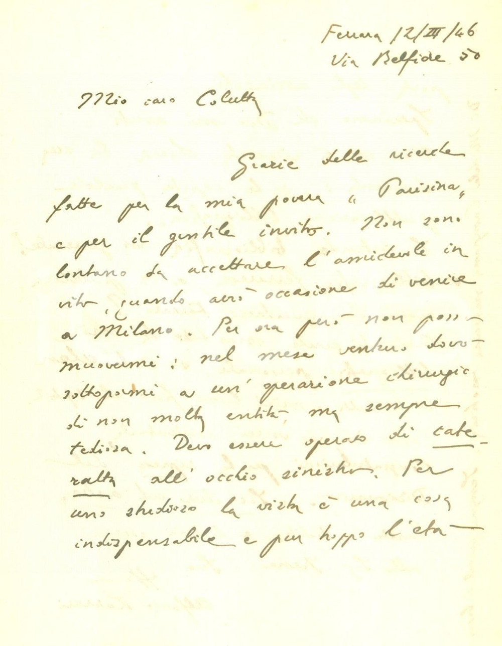 Autografo originale 1946 FERRARA Storico Alfonso LAZZARI Per uno studioso la vista Ã¨ indispensabile 1