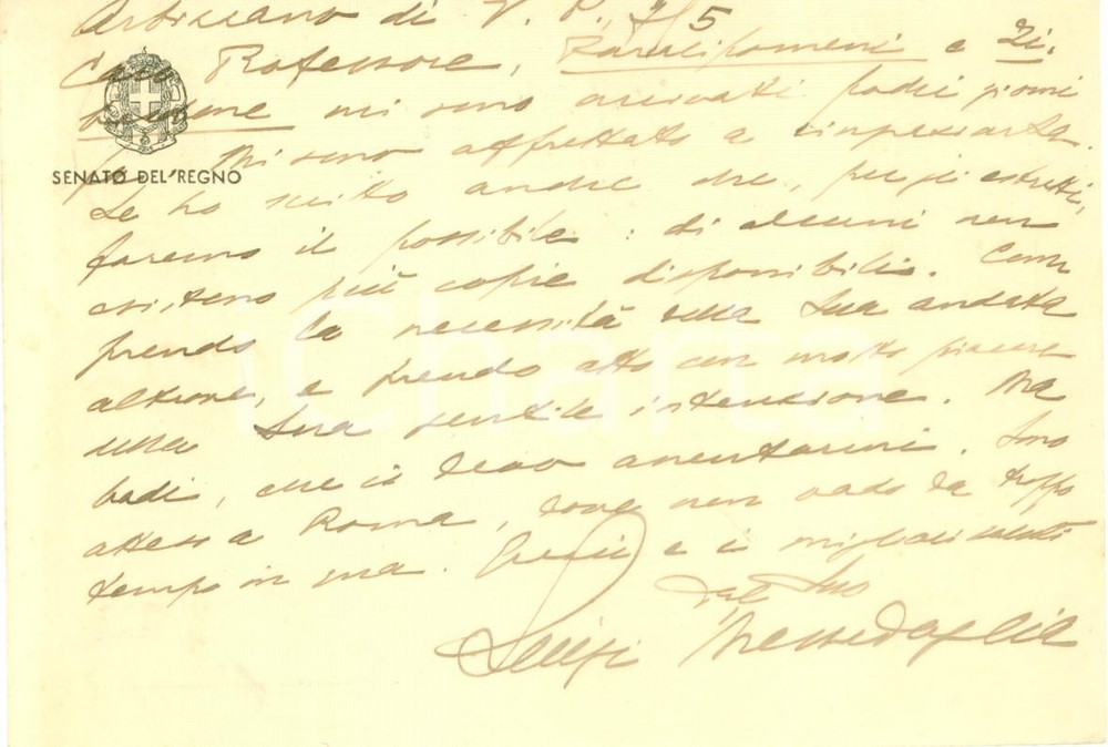 Autografo originale 1943 ROMA Senatore Luigi MESSEDAGLIA ringrazia per invio opere di LEOPARDI 1