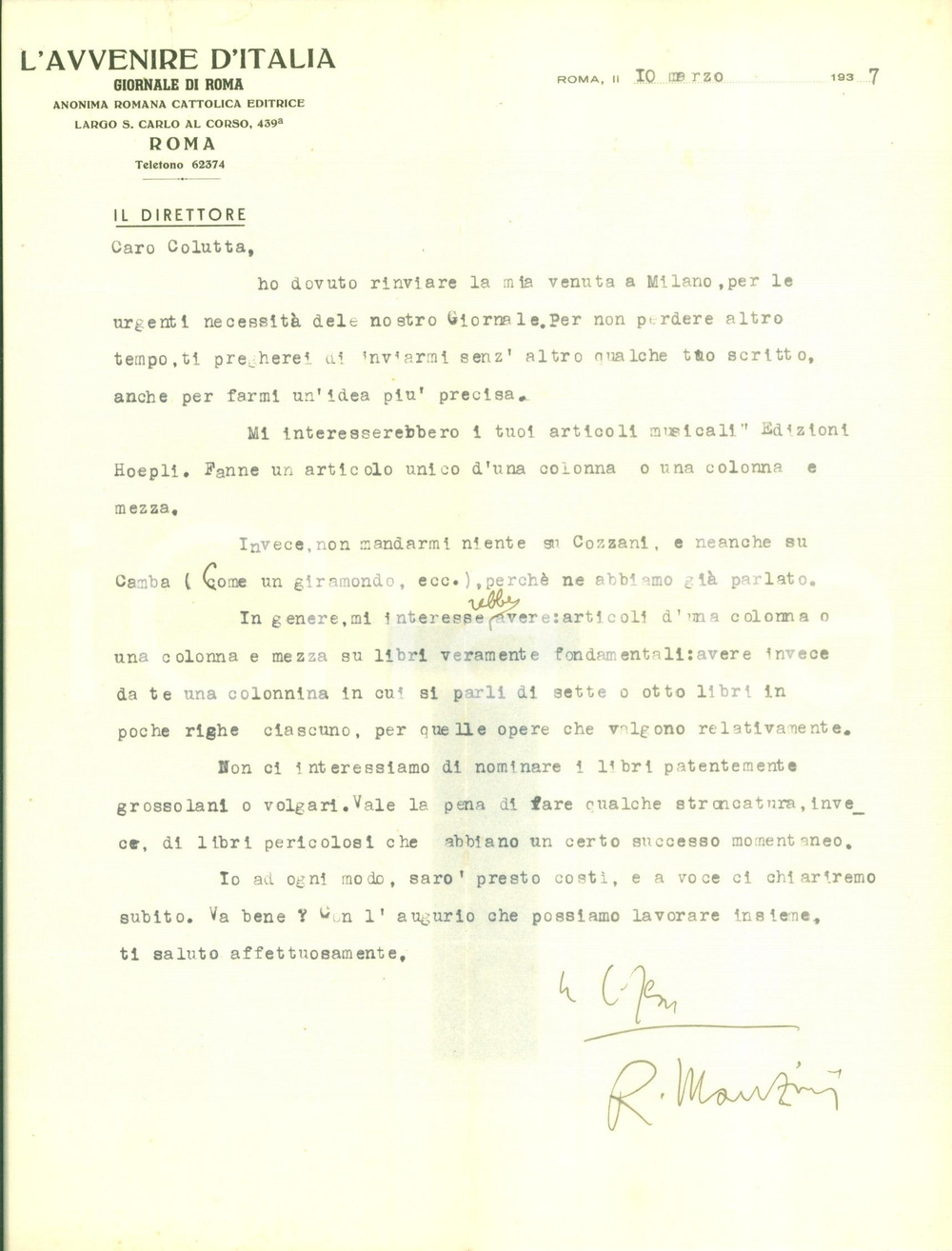 Autografo originale 1937 ROMA Raimondo MANZINI Niente libri volgari, stronchiamo quelli pericolosi 1