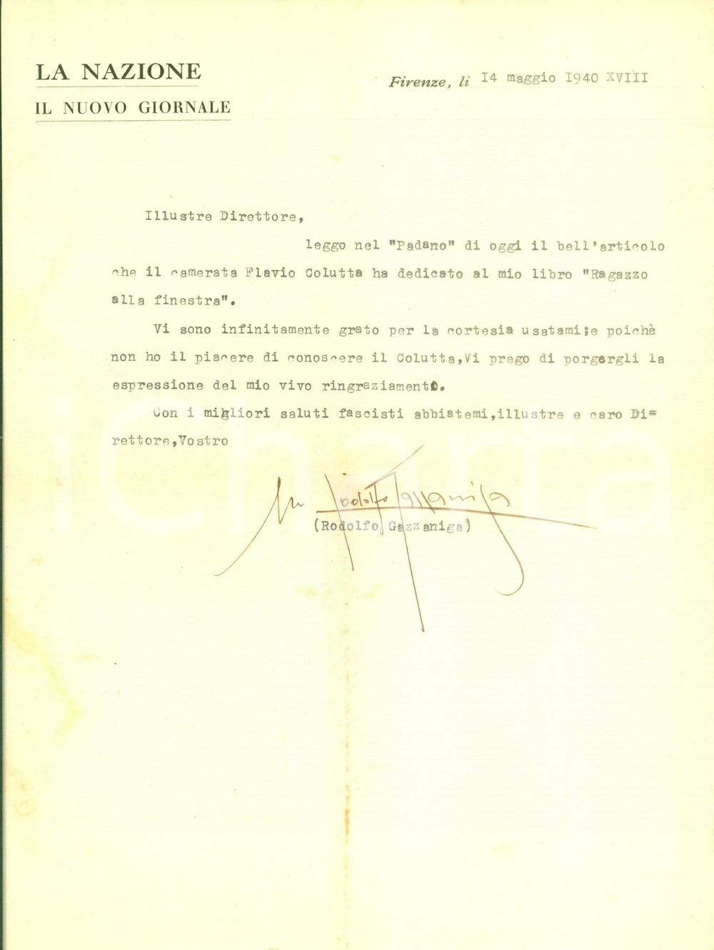 Autografo originale 1940 FIRENZE Rodolfo GAZZANIGA ringrazia per recensione Lettera con AUTOGRAFO 1