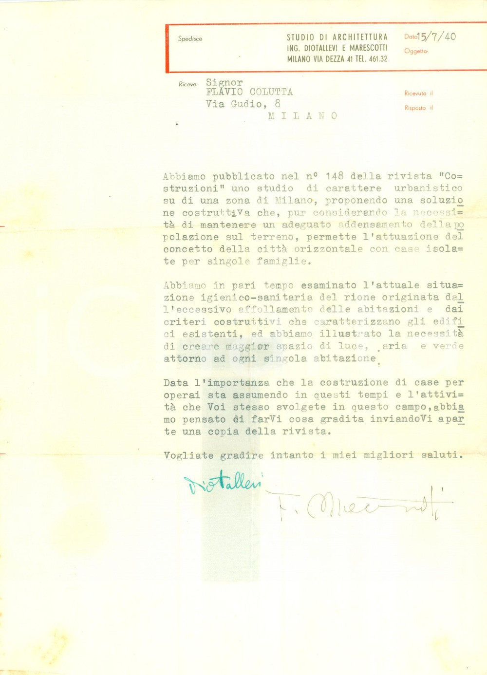 Autografo originale 1940 MILANO Francesco MARESCOTTI Irenio DIOTALLEVI progettano cittÃ  orizzontale 1