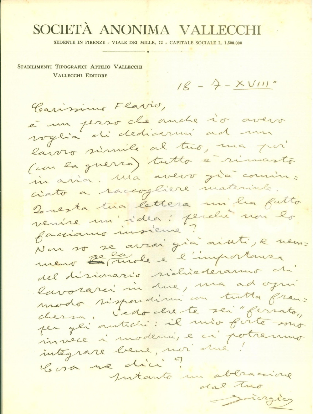 Autografo originale 1940 FIRENZE Giorgio CARTEI si offre di collaborare al Dizionario dei letterati 1