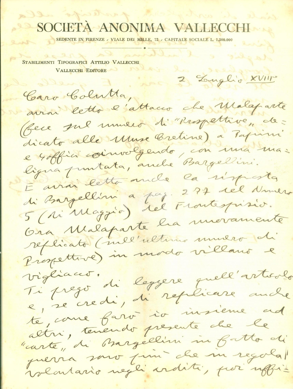 Autografo originale 1940 FIRENZE Giorgio CARTEI difende Piero BARGELLINI contro Curzio MALAPARTE 1
