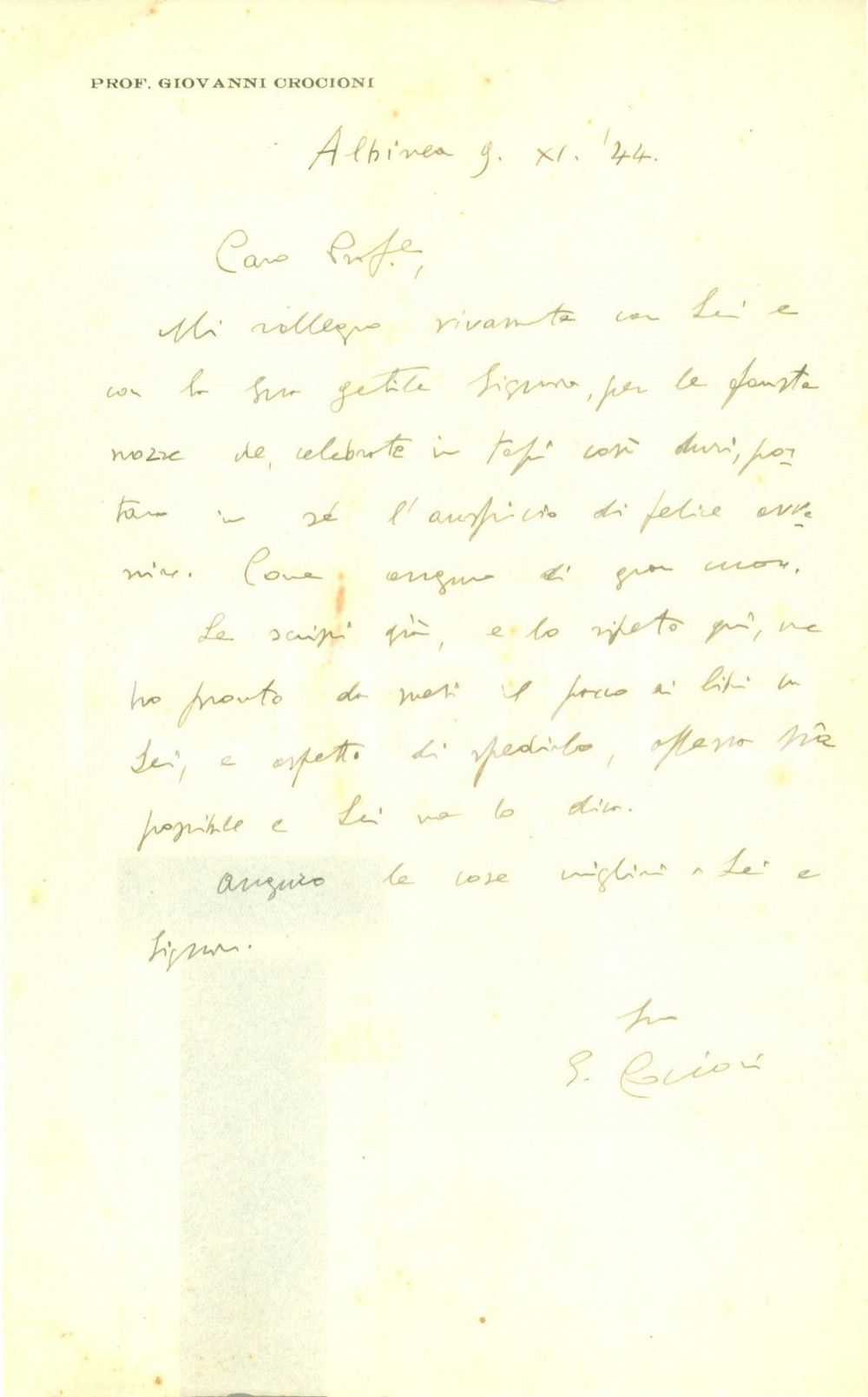 Autografo originale 1944 ALBINEA RE Studioso Giovanni CROCIONI si congratula per nozze AUTOGRAFO 1