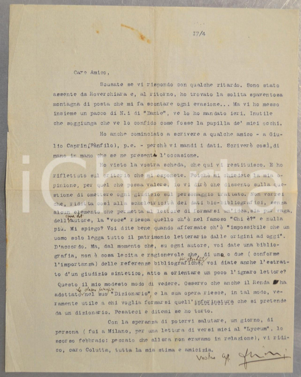 Autografo originale 1940 ca ROVERCHIARA Lionello FIUMI vorrebbe un breve giudizio sugli scrittori 1