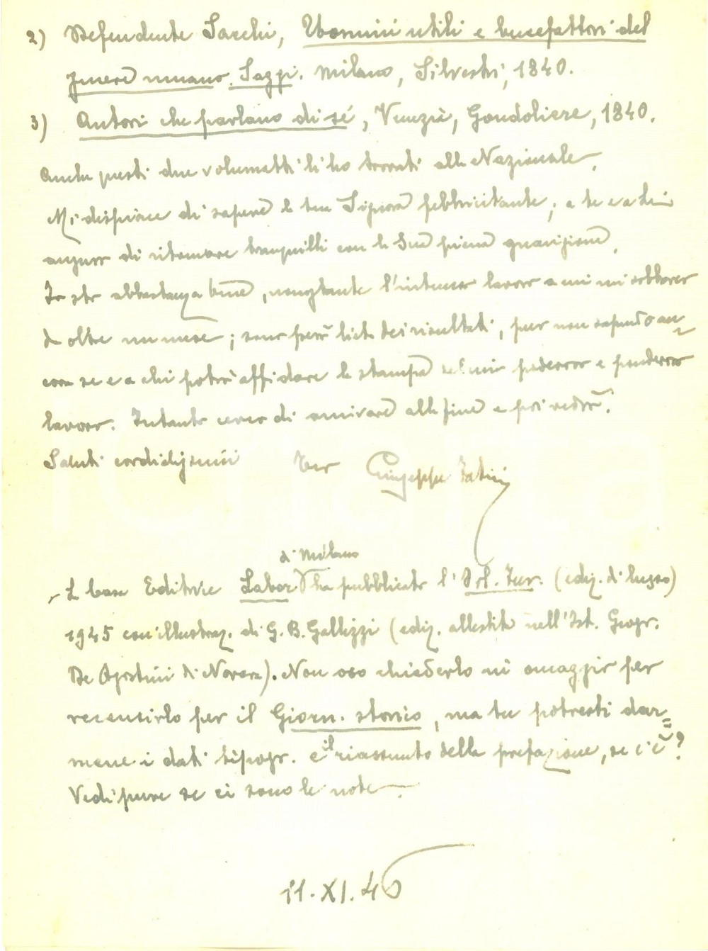 Autografo originale 1946 FIRENZE Storico Giuseppe FATINI ha quasi concluso bibliografia ariostesca 1