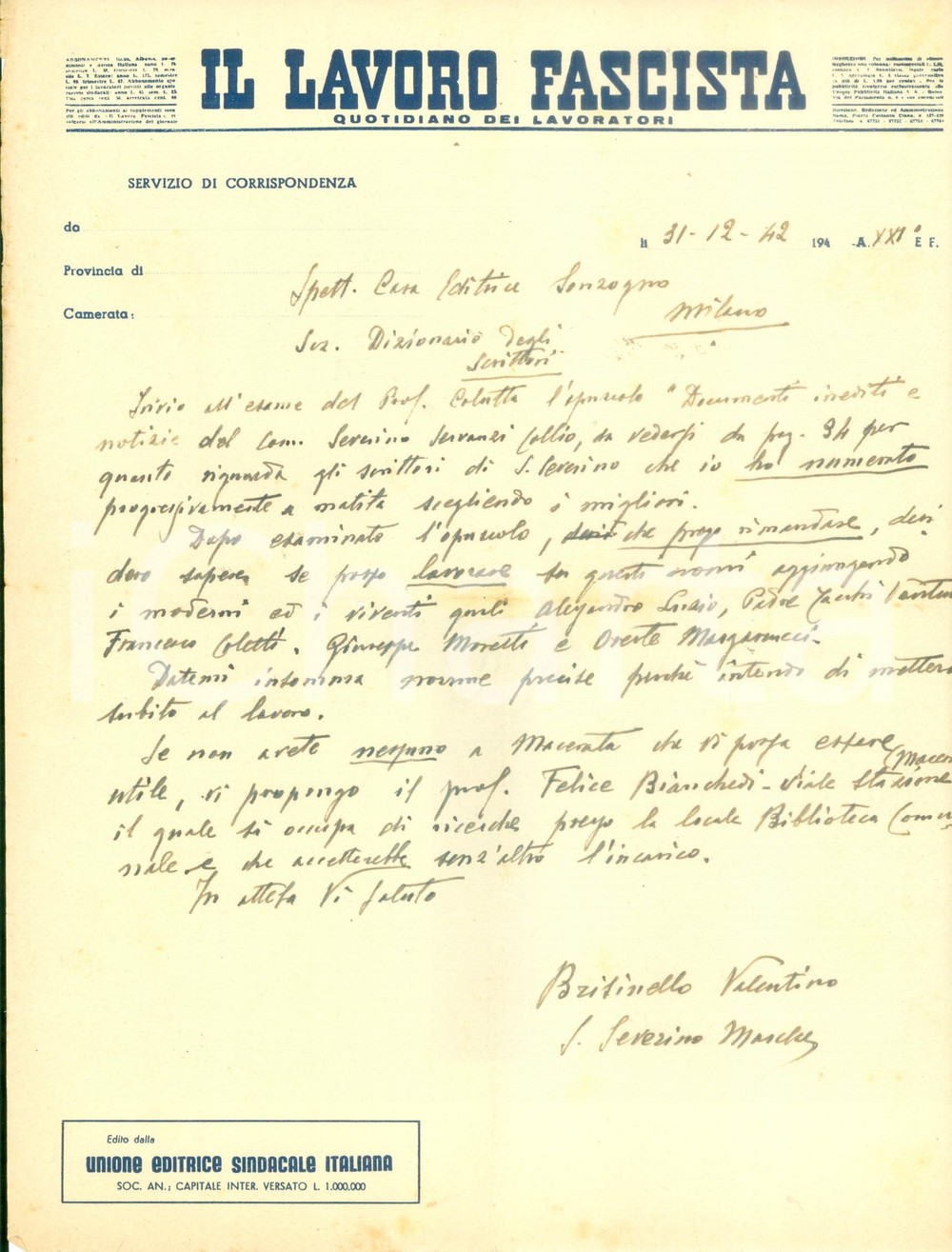 Autografo originale 1942 MILANO Valentino BRISINELLO si propone collaboratore Dizionario Scrittori 1