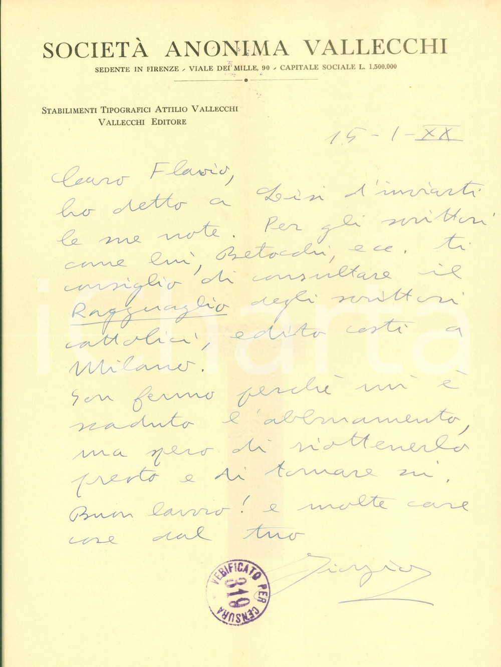 Autografo originale 1940 FIRENZE Editrice VALLECCHI Giorgio CARTEI su Ragguaglio scrittori cattolici 1