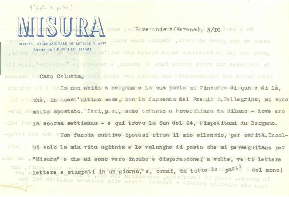 Autografo originale 1940 ca ROVERCHIARA Lionello FIUMI contro stracca versificazione ottocentesca 1