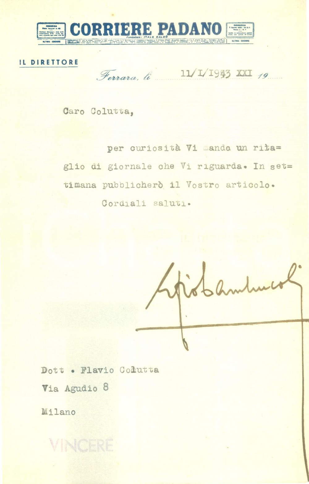 Autografo originale 1943 FERRARA Corriere Padano Ezio CAMUNCOLI invia ritaglio di giornale AUTOGRAFO 1