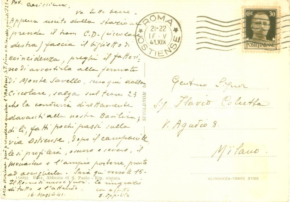 Autografo originale 1941 ROMA Padre Ippolito BOCCOLINI dÃ  indicazioni per Abbazia di SAN PAOLO 1