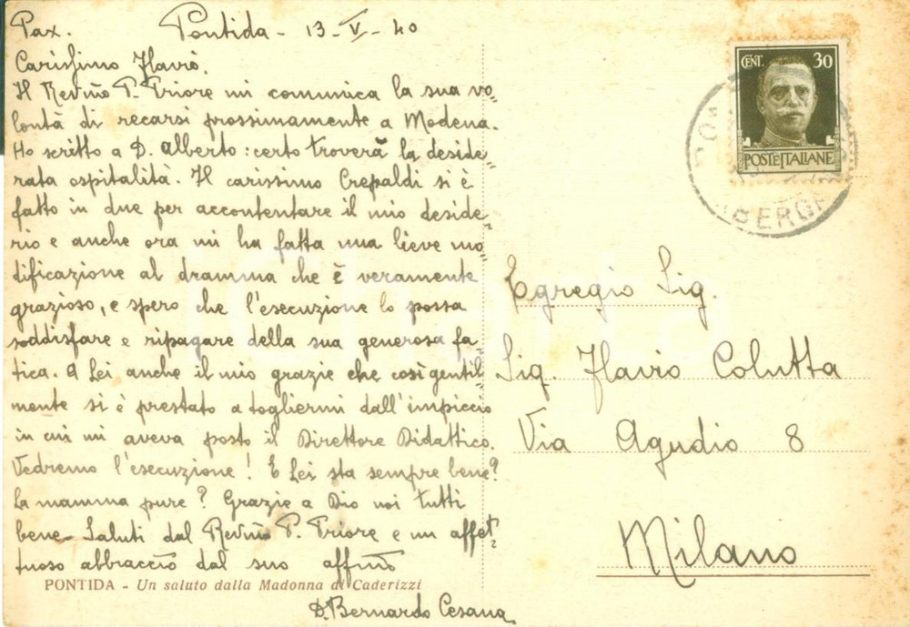 Autografo originale 1940 PONTIDA BG Don Bernardo CESANA modifica lievemente un dramma AUTOGRAFO 1